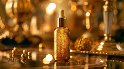 Gold Serum bottle presented in an opulent, upscale setting.