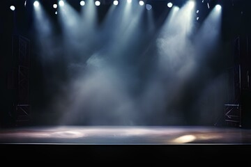 Empty stage with spotlights and smoke banner background with copy space.