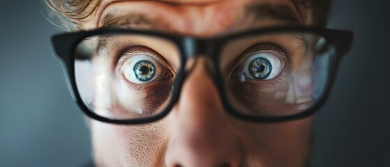 Close-up Portrait of Surprised Man with Blue Eyes Wearing Glasses.