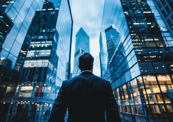 Confident Businessman Looking Up at Skyscrapers in Financial District Evening Lights