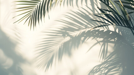 Palm leaves on minimalist background, shadows with sunlight on white wall, tropical advertising blank, copy space concept