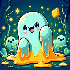 Fototapeta na wymiar Lovely cute glowing ghost in a magical swamp animation style character.