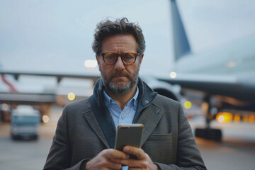 Businessman using mobile phone in front of private airplane