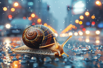 Snail walking on street in the city
