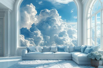 clouds in living room with modern sofa