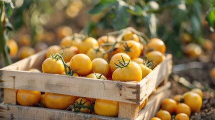 Box filled with ripe yellow tomatoes close up shot on ground during autumn harvest