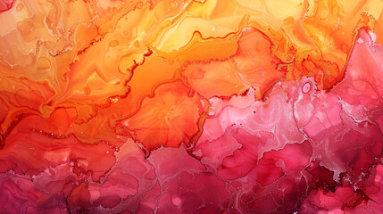 Swirls of Orange and Deep Pink in Sunset Shades Alcohol Ink, High Definition Marble Effect.