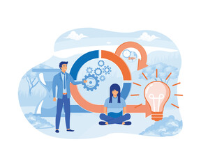 Scrum framework concept. Man and woman with laptop near gears and hourglass. Organization of effective workflow and time management. Software development scheme. flat vector modern illustration