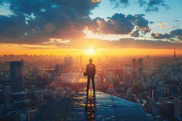 Person stands on the edge of building with laptop in his hands and looks at the setting sun. Cityscape - Powered by Adobe