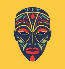Naklejka premium African mask, a simple flat vector logo design with warm color tones on an isolated background featuring the shape of an African tribal symbol Heritage day 