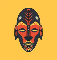  African mask, a simple flat vector logo design with warm color tones on an isolated background featuring the shape of an African tribal symbol