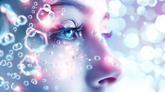 A glowing skin surrounded by Gluta-Hya molecules.