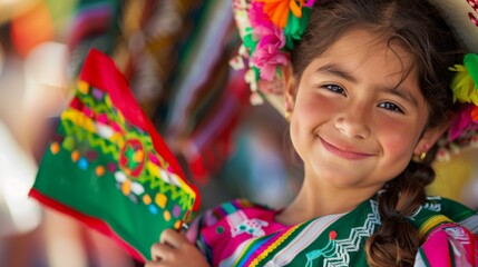 Smiling girl in traditional dress holding fan Cinco De Mayo