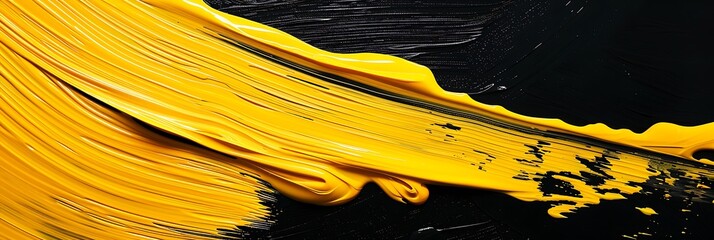A yellow brush stroke with a textured, impasto effect against a black background