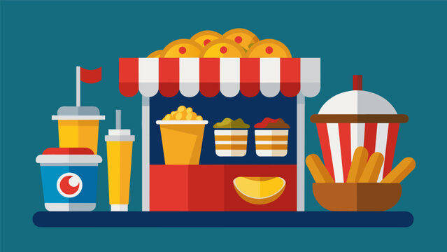 A concession stand is set up with classic game day snacks like hot dogs popcorn and nachos.