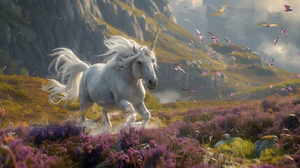Obraz na płótnie Canvas Majestic Unicorn Galloping Through Enchanted Mountain Landscape