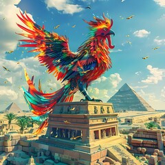 Fiery Egyptian Phoenix Perched Atop the Mighty Sphinx with the Giza Pyramids in the Distance Dramatic Digital