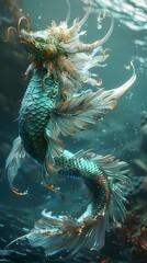 Majestic Makara Creature Breaching Turquoise Waters with Ornate Crocodile like Features and Impressionistic Oceanic Landscape