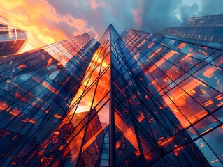 Dynamic Architectural Reflection of Vibrant Cityscape at Vibrant Sunset