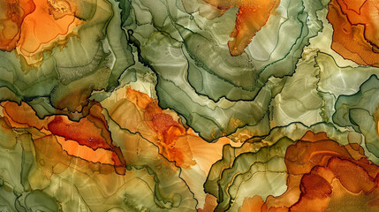 Ultra High Definition Marble Texture in Olive Green and Rust Orange Alcohol Ink Swirls.
