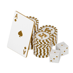 High-Quality White and Gold Casino Chips, Cards, and Dice with Transparent Background