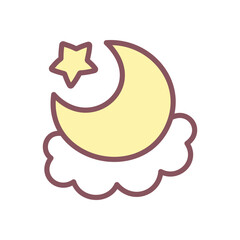 Cute moon icon. Hand drawn illustration of a crescent moon with cloud and little star isolated on a white background. Kawaii sticker. Vector 10 EPS.