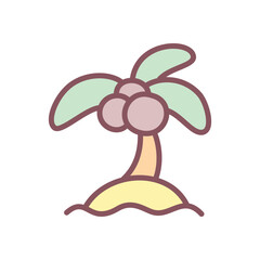 Cute tropical island icon. Hand drawn illustration of a sandy sea beach with a palm isolated on a white background. Summer vacation concept. Vector 10 EPS.