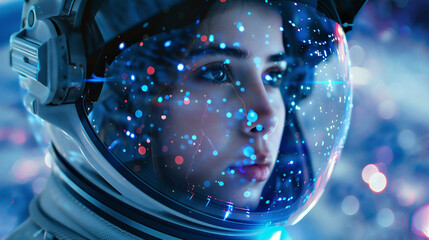 Casco de astronauta futurista, de la era espacial, con un hermoso rostro de astronauta femenino reflejado en la visera,  - obrazy, fototapety, plakaty