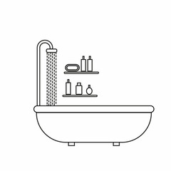Rectangle bathtub with shower head, shelves holding shampoo and soap bottles