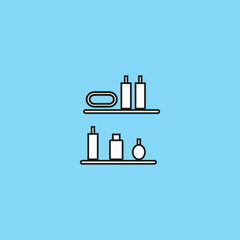 Shelves with bottles and soap against electric blue background
