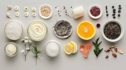 Moisturizing ingredients are arranged in a spa-like display.