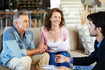 Mature couple, broker and documents in house for mortgage for retirement in planning, finances and...