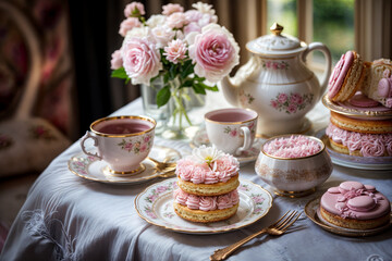 Fototapeta premium Elegant Afternoon Tea with Pink Floral Porcelain and French Pastries
