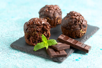 Chocolate muffins with zucchini and ganache.