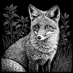 Realistic Cute Fox Illustration in Engraving Style, White on a Black Background, using Negative Space. AI generated.