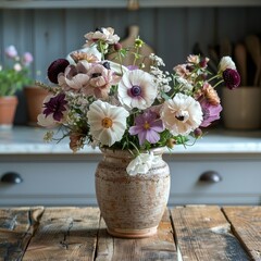 Vintage flowers in a clay pot grace a classic floral arrangement in a quaint country kitchen, illuminated by natural light