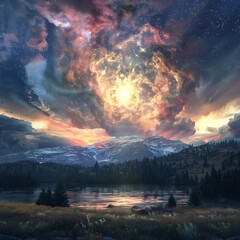 Night sky scene of an exploding supernova visible from Earth, casting a surreal glow over a serene mountain landscape.