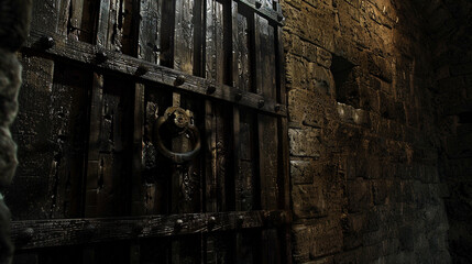 Fototapeta premium n the faint light of the castle's dungeon, a barred wooden door, worn and aged by years of use, sits as a barrier between captives and freedom, depicted in spectacular HD detail