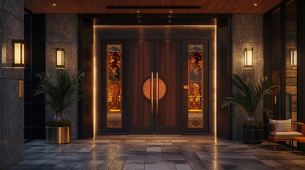 Standing tall at the entrance of a modern hotel, a sleek door with the unmistakable emblem of a renowned brand emphasizes the establishment's commitment to excellence and exceptional servic - Powered by Adobe