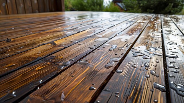 A wooden deck with rainwater pooling in knots and crevices resulting in a unique and rustic pattern..