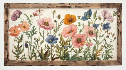 Botanical illustration of vintage flowers, classic floral print with pressed flowers and old-fashioned blooms, presented in a rustic wood frame, soft pastel colors, delicate detailing