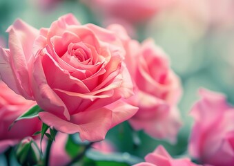 Beautiful Pink Roses in Full Bloom with Soft Focus Background in Garden