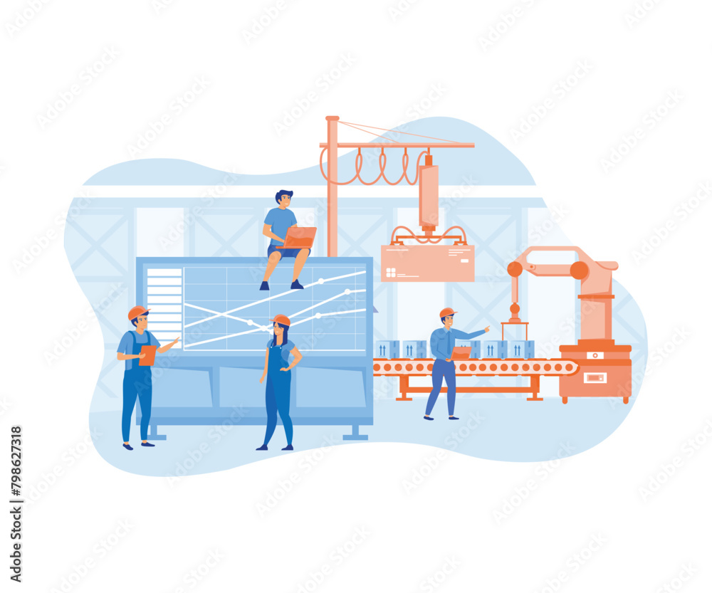 Poster a production with workers, automation and user interface concept user connecting with a tablet and s