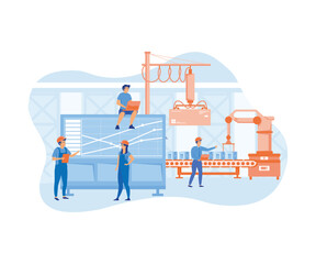 A production with workers, automation and user interface concept user connecting with a tablet and sharing data with a cyber physical system. flat vector modern illustration