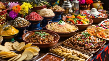 Indulge in a vibrant Fiesta celebration with a colorful buffet spread featuring delectable dulce de leche and a tempting selection of authentic Mexican dishes