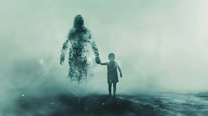 The silhouette of a mother and child stood amidst the smoke. - obrazy, fototapety, plakaty