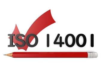 ISO 14001 word with red pencil and checkmark