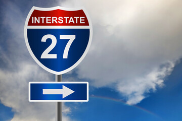 Red and blue road sign for interstate 27 highway - 798628300