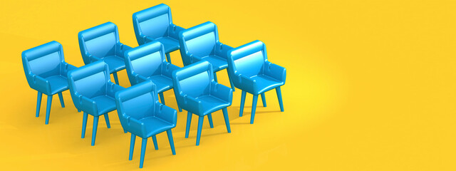 Row of blue chairs with yellow background - 798628364