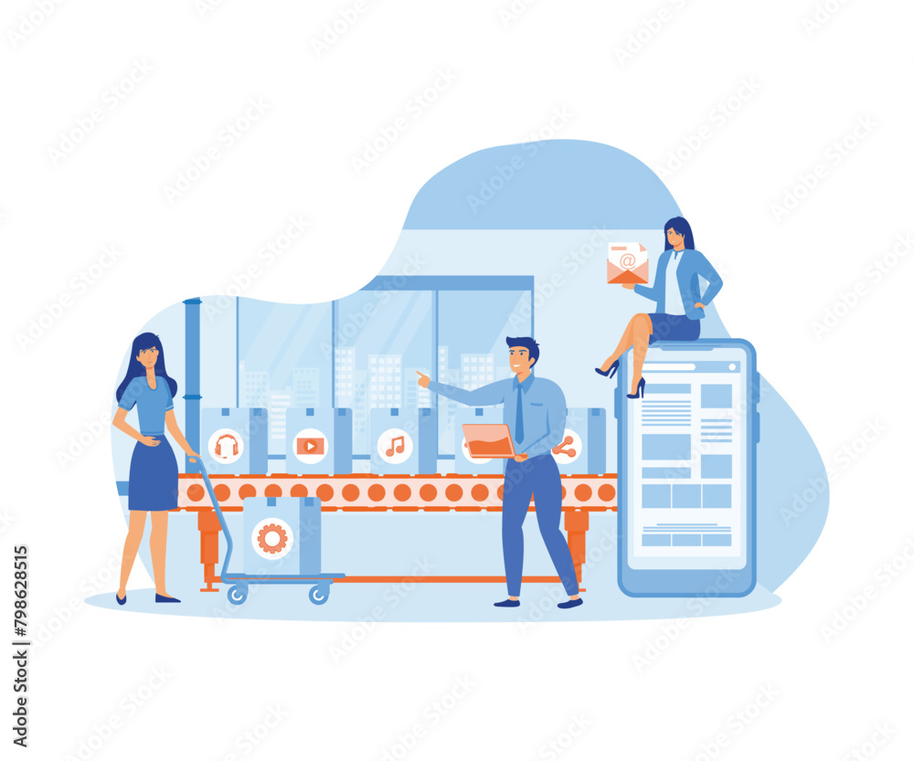 Poster a production line with workers, automation and user interface concept. connecting, loading a smartph